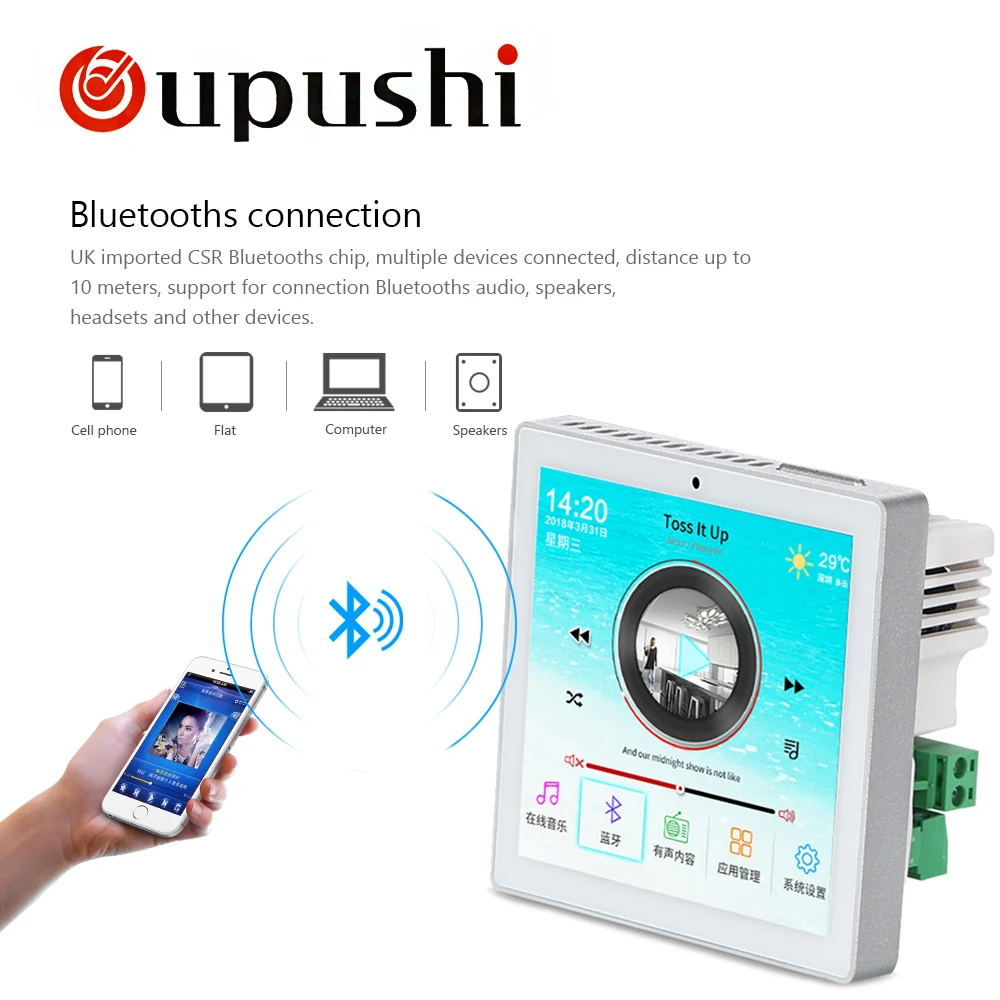 Oupushi-amplificador de audio estéreo digital, dispositivo con WIFI, pantalla táctil en la pared, sistema android, reproductor de música USB, sistema de cine en casa
