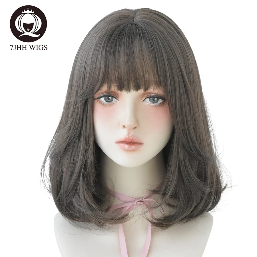 7JHH Pink Brown Short Straight Hair Lolita Wig With Bang Synthetic Bob For Women Christmas Cosplay Heat Resistant Glueless Wig