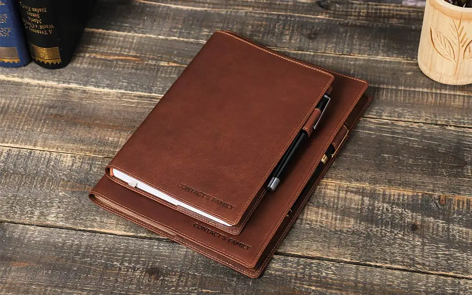 Retro-Buchhülle aus echtem Leder mit Stifthalter, Business-Notizblock, Notizbuch, Buchhülle, Büro, Schulbedarf – Detail 6
