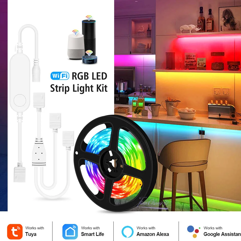 Tuya Smart LED Control Ruban Flexible, Fonctionne avec Alexa, Google Home, Commande Vocale, Wifi, RVB 5050, DC 12V, 5m, 10m, 15m