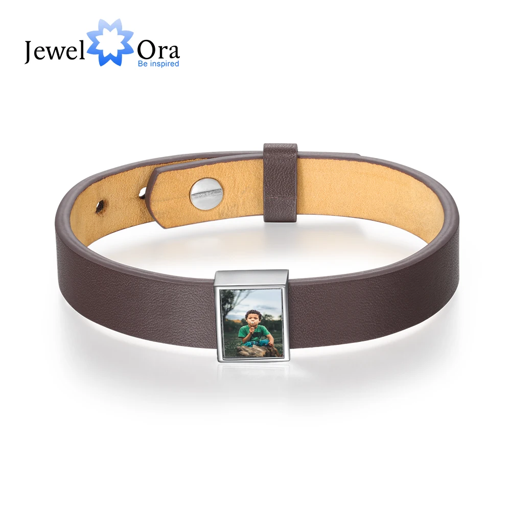 

JewelOra Customized Stainless Steel Photo Bracelets for Women Men Personalized Leather Charm Bracelets Custom Jewelry Gifts