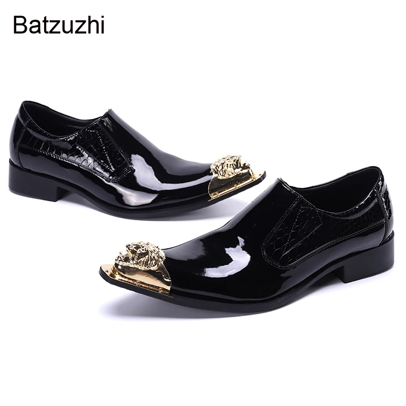 Batzuzhi Black Patent Leather Dress Shoes for Men Italian Type Men's Shoes Golden Iron Toe Party and Wedding/Business, EU38-46