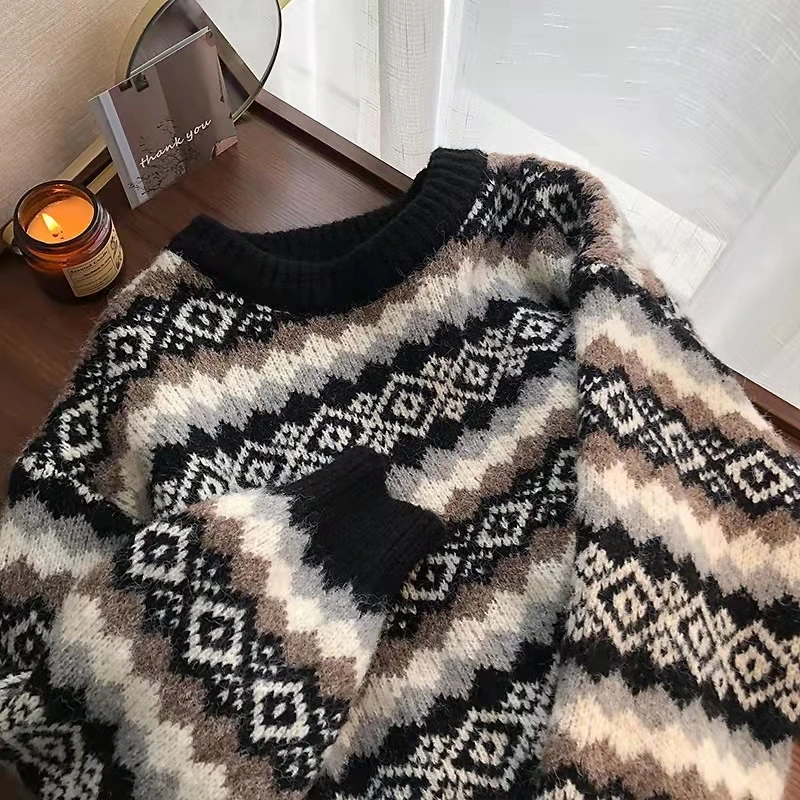 

Woman's Sweater Pullover Knit Print Argyle Pattern Ins O-Neck High StreetWear Vintage Staight OL Bohemian Full Sleeve Casual