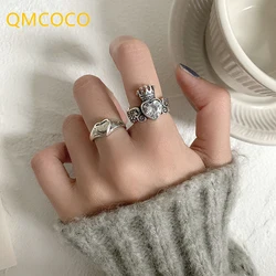 QMCOCO Silver Color  LOVE Heart Rings For Women Vintage Handmade Crown Herat-Shape  Punk Hip-Hop  Party Jewelry Gifts
