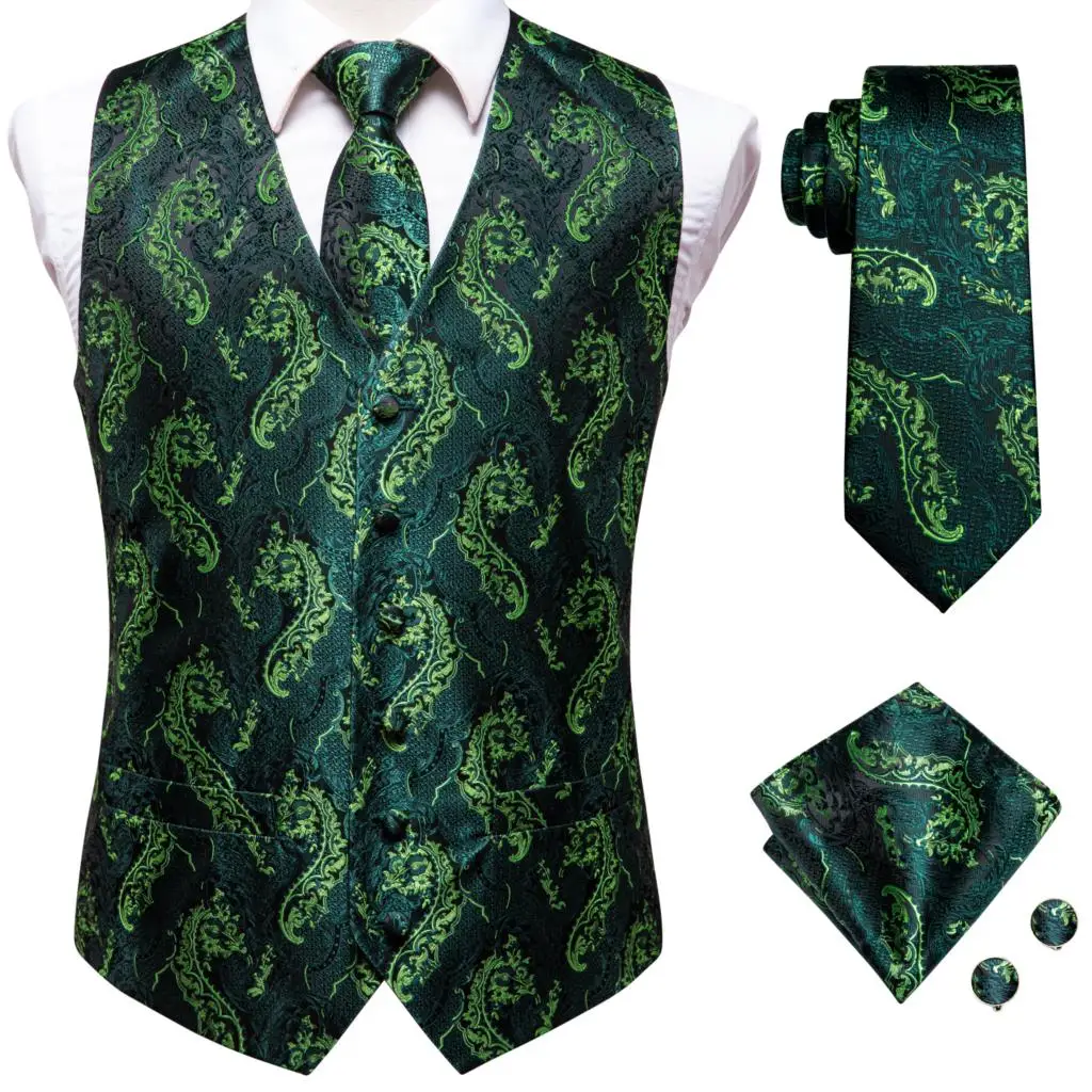 Hi-Tie Green Teal Floral Paisley Silk Men Slim Waistcoat Necktie Set For Suit Dress Wedding 4PCS Vest Necktie Hanky Cufflink Set