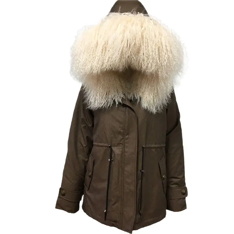 

New Style Beige Real Lamb Fur Parka With Mongolia Sheep Fur Collar Women Winter Brown Coat