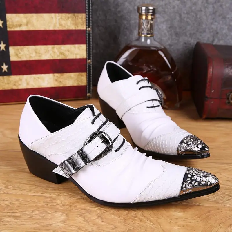 Summer Man Metal Tip Cowhide Shoes Buckles High-heeled Low help Men\'s Shoes Singer Show Luxury shoes party Heightening shoes