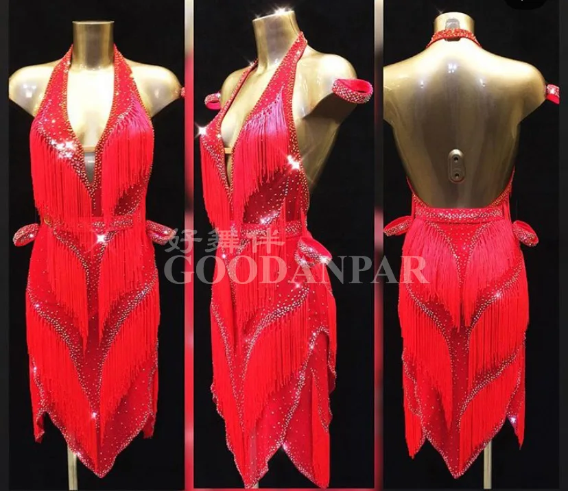 Latin dress fringe Red Latin dance dress competition Latin dance costume good stone Rumba dress Sexy dance dress GOODANPAR