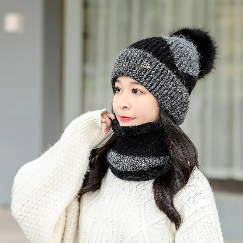 Girls Thicken Ski Snow Cap New Fashion Fur PomPoms Winter Women Beanie Hats Female Skullies Warm Knit Hat Scarf Set