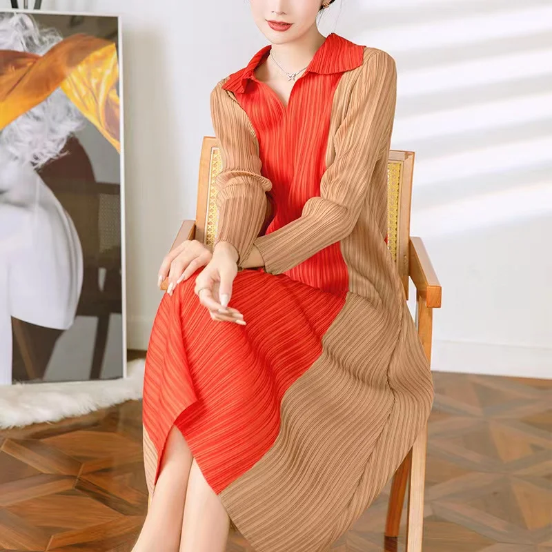 Miyake Fold Spring  New Korean Version Of Solid Color Stitching Temperament Lapel Dress Contrast Color Loose Slim  Women Dress