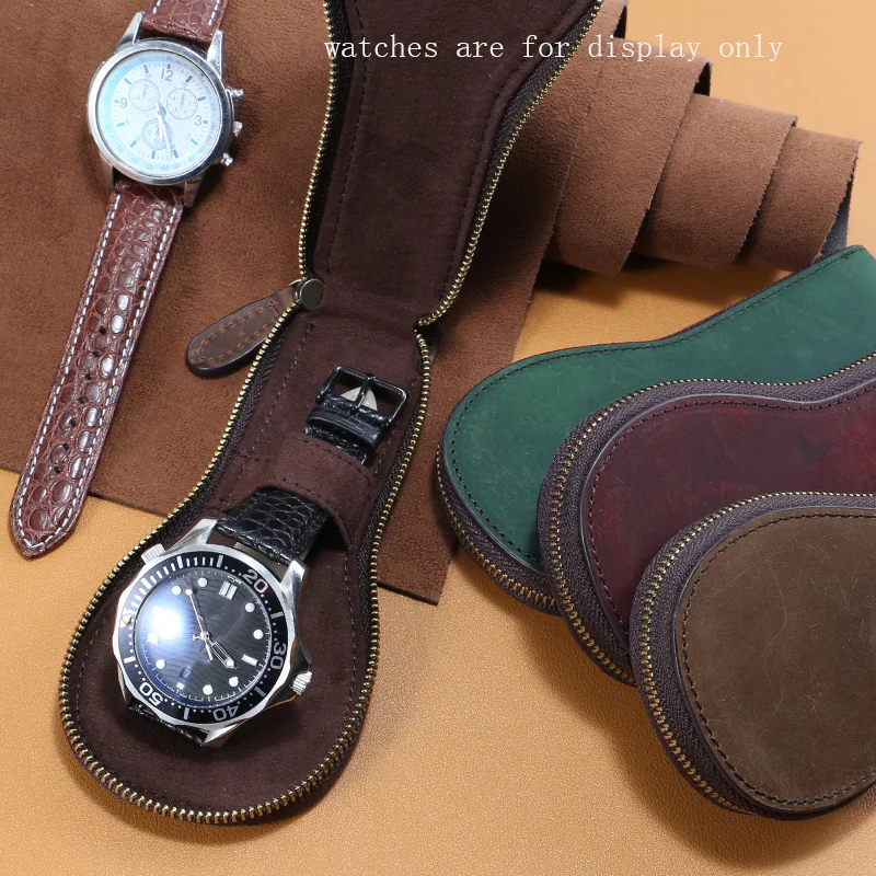 Leather watch bag Light Brown Dark Green Portable zipper leather Hand Made Watch Storage Box Travel Simple Watch Bag