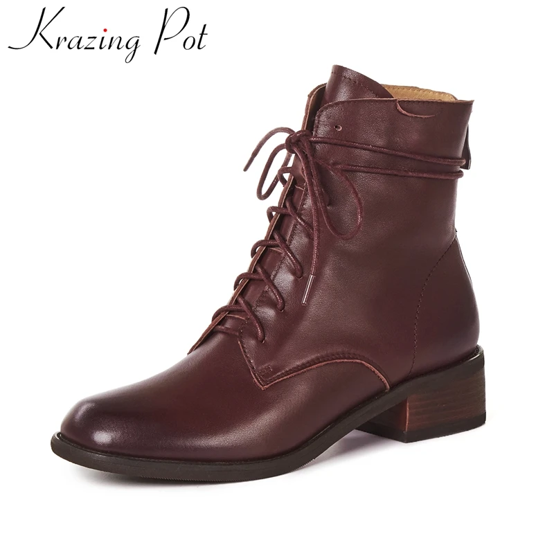 

Krazing Pot 2024 Large Size Cow Leather Lace Up Vintage Round Toe High Heels Winter Shoes Handmade Office Lady Ankle Boots L6f1