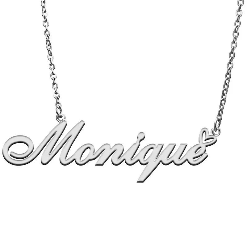 Monique Name with Love Heart Necklace for Women Stainless Steel Jewelry Nameplate Pendant Femme Mother Child Girls Gift