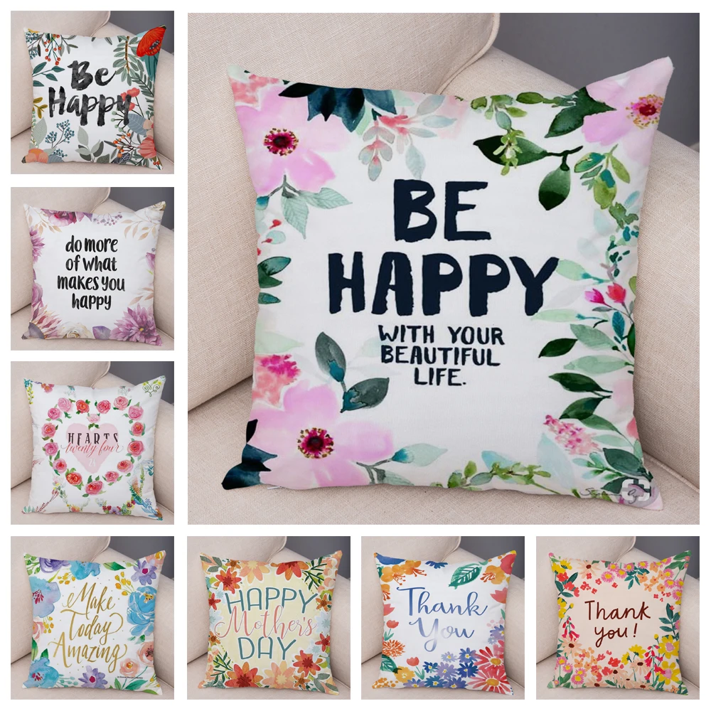 

Nordic Style Cushion Cover Decor Plant Floral Print Pillowcase Flower Be Happy Soft Plush Pillow Case for Sofa Home Car 45x45cm