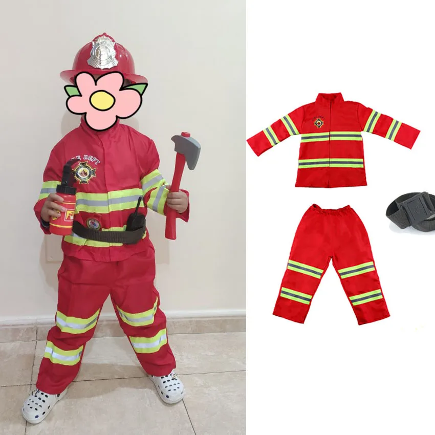 Carnival Kids Cosplay Roleplay Fancy Uniform Christmas Gift for Children Firefighter Suits with Belt  Kids Fireman Costumes