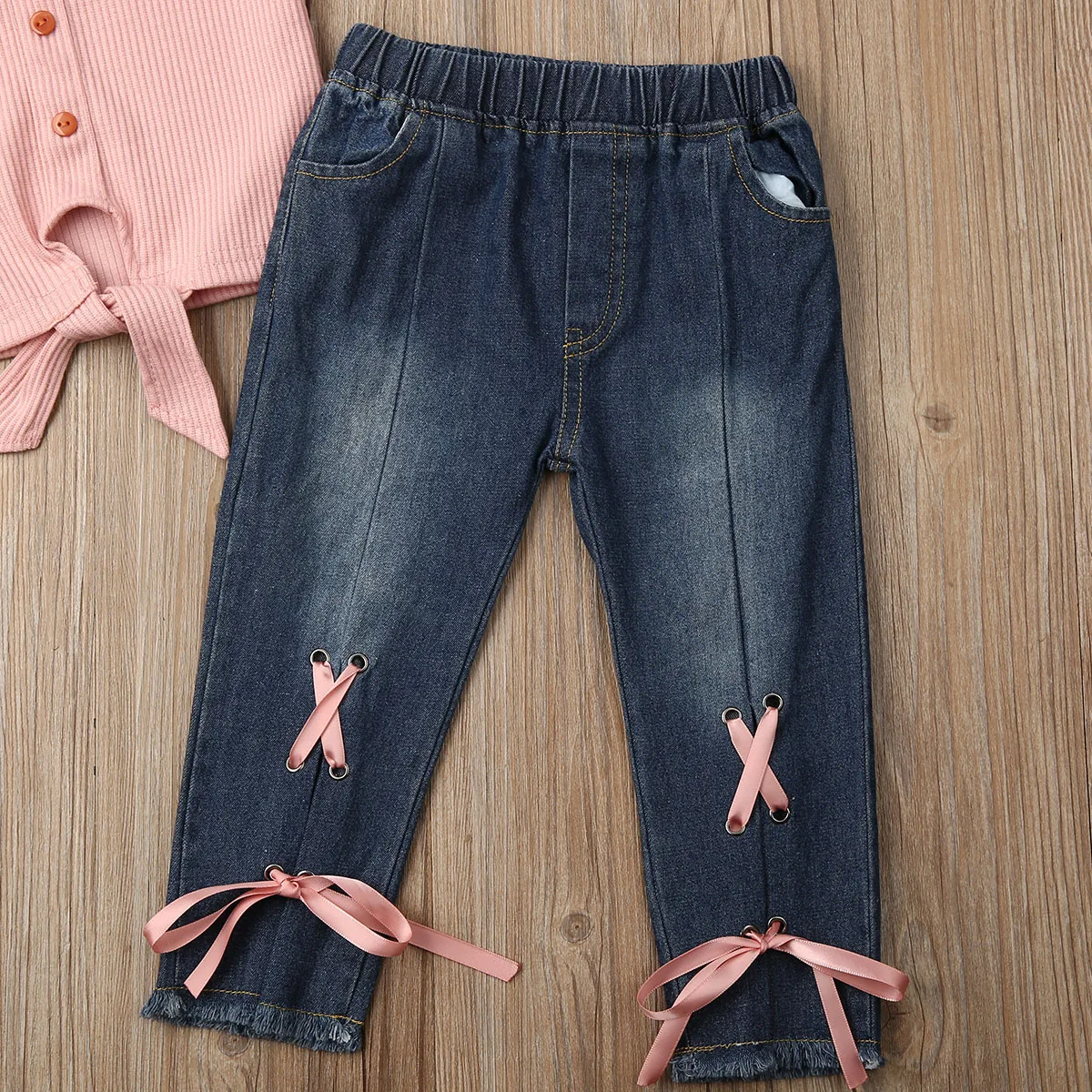 2021 Baby Summer Clothing Toddler Kid Baby Girl Clothes Ribbed Shirt Top Bandage Denim Pants Jeans Leggings Outfit 2PCS Set 1-5T