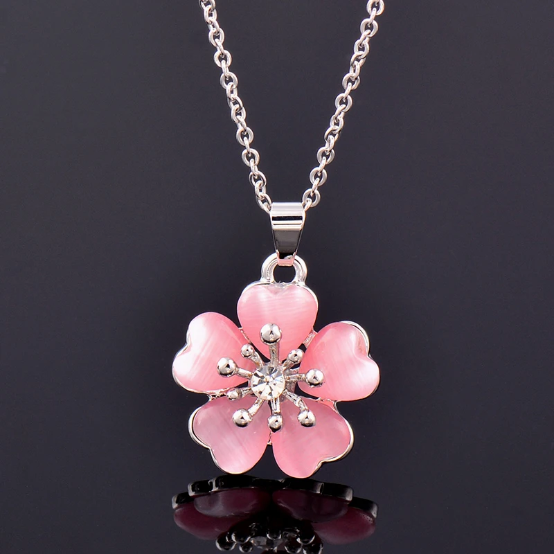 SINLEERY Fashion Solid Pink Opal Plum Flower Pendant Necklace Rose Gold Color Wedding Jewelry For Women Girl XL260