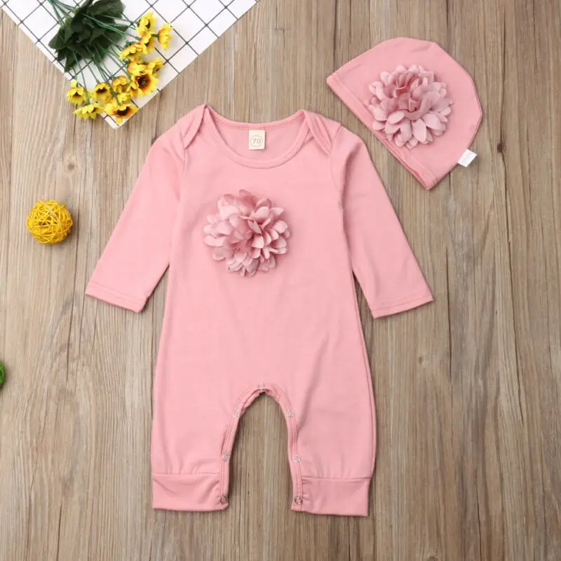 2PCS Newborn Baby Girl Clothes 3D Cute Floral Long Sleeve Romper Jumpsuit Outfits 0-18M Long Sleeve Baby Bodysuit