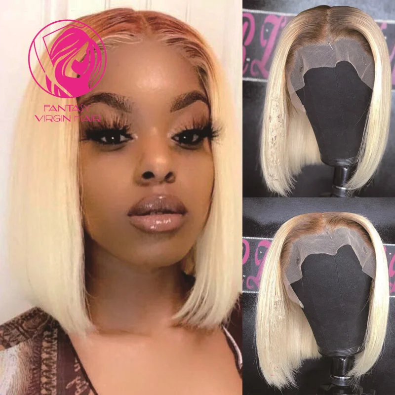 

Ombre 4/613 Blonde Grey Highlights Lace Frontal Wigs Virgin Hair Human Hair Lace Front Wig Straight Short Bob 13x1 Glueless 150%