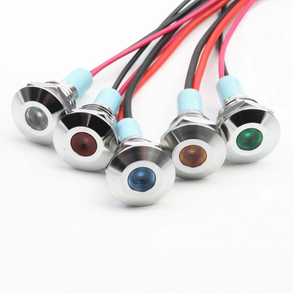 Luz indicadora de Metal de cabeza plana, lámpara de señal impermeable con cable rojo, amarillo, azul, verde, blanco, 10mm, 6V, 12V, 24V, 220v, 1 piezas