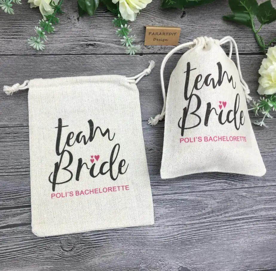 20pcs personalize text team bride Bachelorette wedding Hangover relief Kits Jewelry gift Bags muslin pouches gift bags