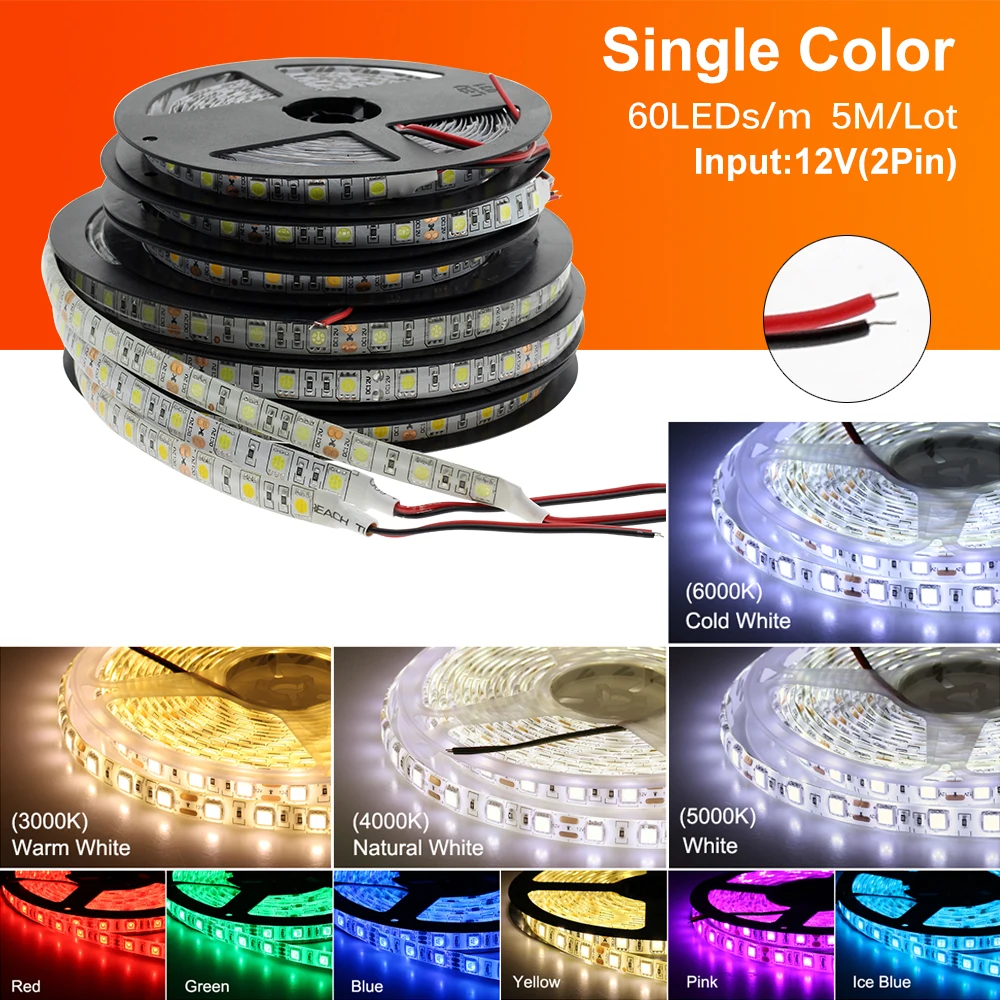 LED Strip 5050 DC12V 60LEDs/m Flexible LED Light RGB RGBW 5050 LED Strip 300LEDs 5m/lot