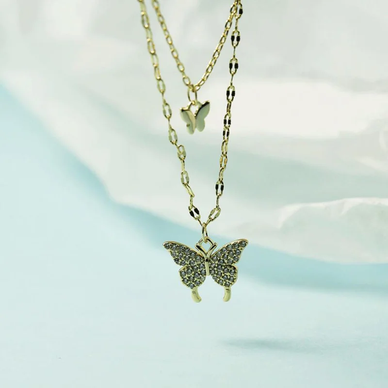 KOFSAC New 925 Sterling Silver Jewelry Necklaces For Women Trendy Double Chain Zircon Butterfly Pendant Girl Accessories Gifts