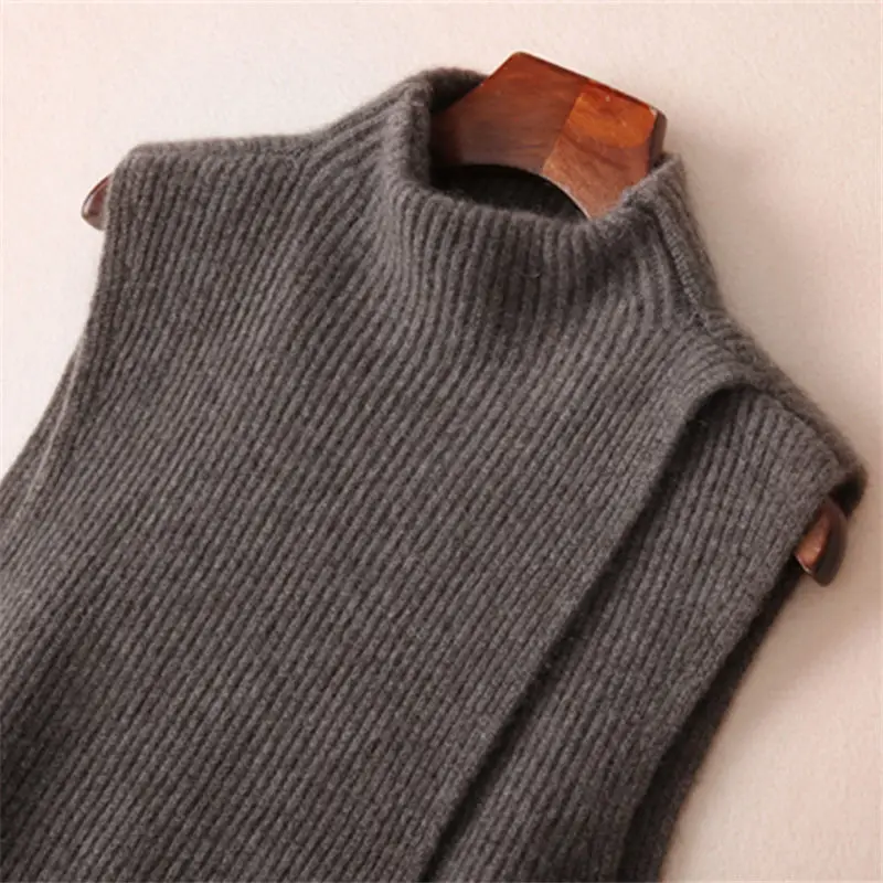 Korean Autumn And Winter Cashmere Knitted Vest Women\'s Mid-Length Loose Waistcoat Sleeveless Sweater Stand Up Collar Tops M859