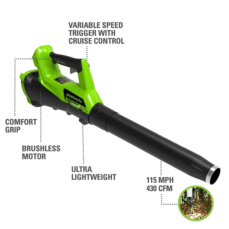 greenworks 40V Air Blower Cordless 115 MPH / 430 CFM Brushless Cordless Axial Leaf Blower Outdoor Garden Tool with 4ah Battery