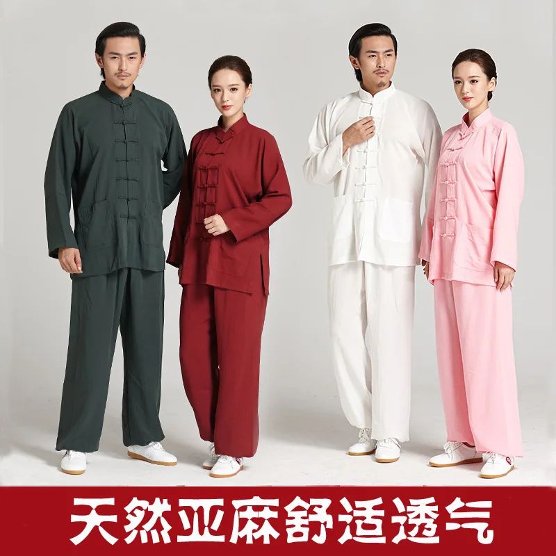 Traje Tang de estilo chino para adultos, ropa de práctica de Tai Chi, traje de rendimiento de artes marciales de lino, para primavera y verano