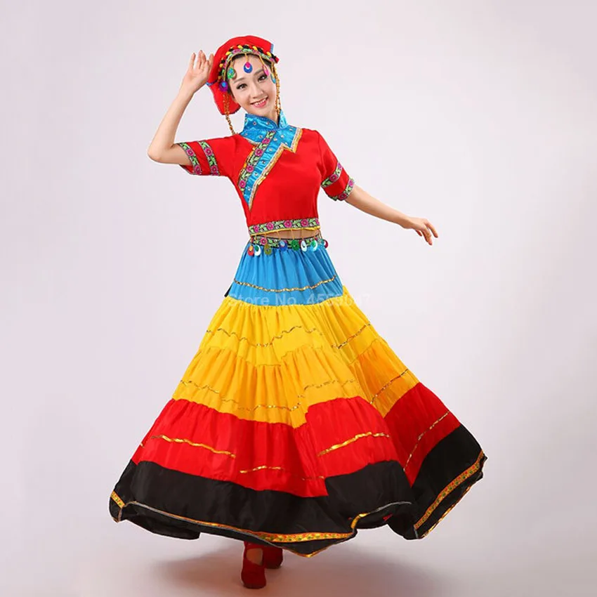 Patchwork Rainbow Color Flamenco Skirt for Women Gypsy Girls Big Swing Spanish Toreo Belly Dancing Costumes Performance