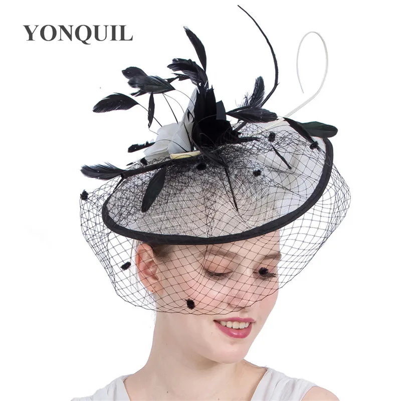 Big Wedding Fascinator Hats Elegant Women Ladies Feather Hair Fascinator Veils Dot Headpiece For Race New Year Chapeau Caps