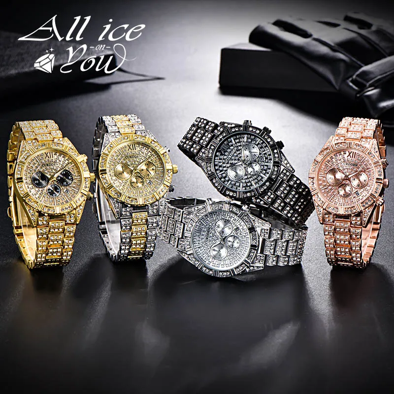 ALLICEONYOU New Gold Silver Color Cubic Zirconia Watches Hip Hop Fashion Iced Luxury Syntheti Bracelet Stainless Steel  For Gift