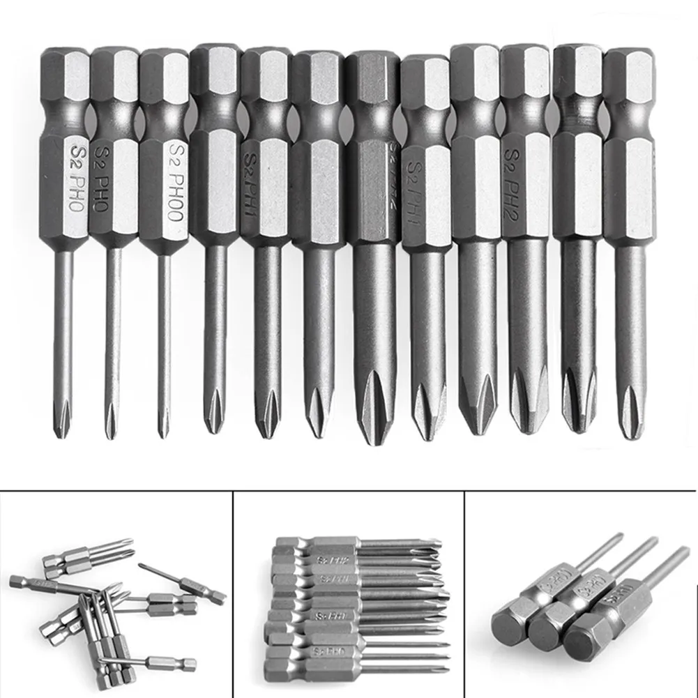 12Pcs 50mm S2 Alloy Steel PH Cross Screwdriver Bits 1/4 Inch Hex Shank Magnetic Electric Drill Screwdriver Bit PH00 PH0 PH1 PH2