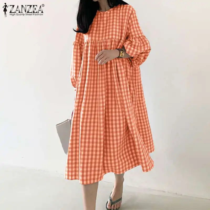 Women\'s Check Dress 2023 ZANZEA Vintage Autumn Dress Casual Puff Sleeve Midi Vestidos Female O Neck Robe Femme Oversized