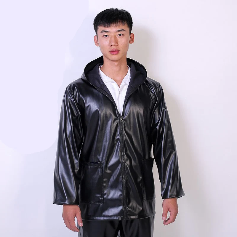 Idopy Men`s Faux Leather Jacket With Hood Windproof Waterproof Work PU Outdoor Hoodie Workwear Plus Size XL-5XL