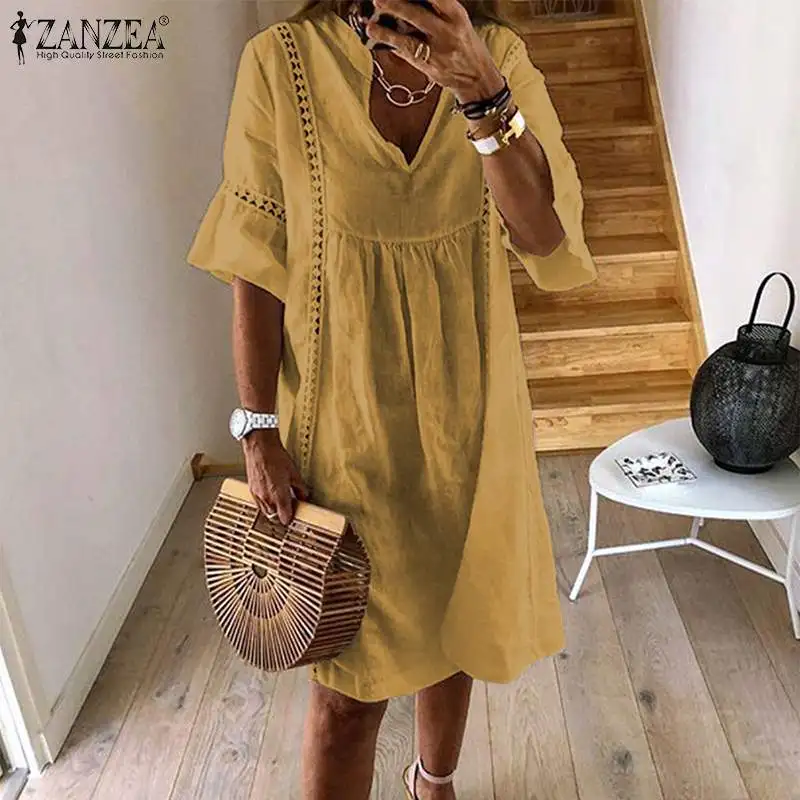 ZANZEA Summer Bohemian Lace Dress 2023 Women\'s V Neck Flare Sleeve Sundress Female Hollow Patchwork Robe Femme Tunic Vestidos