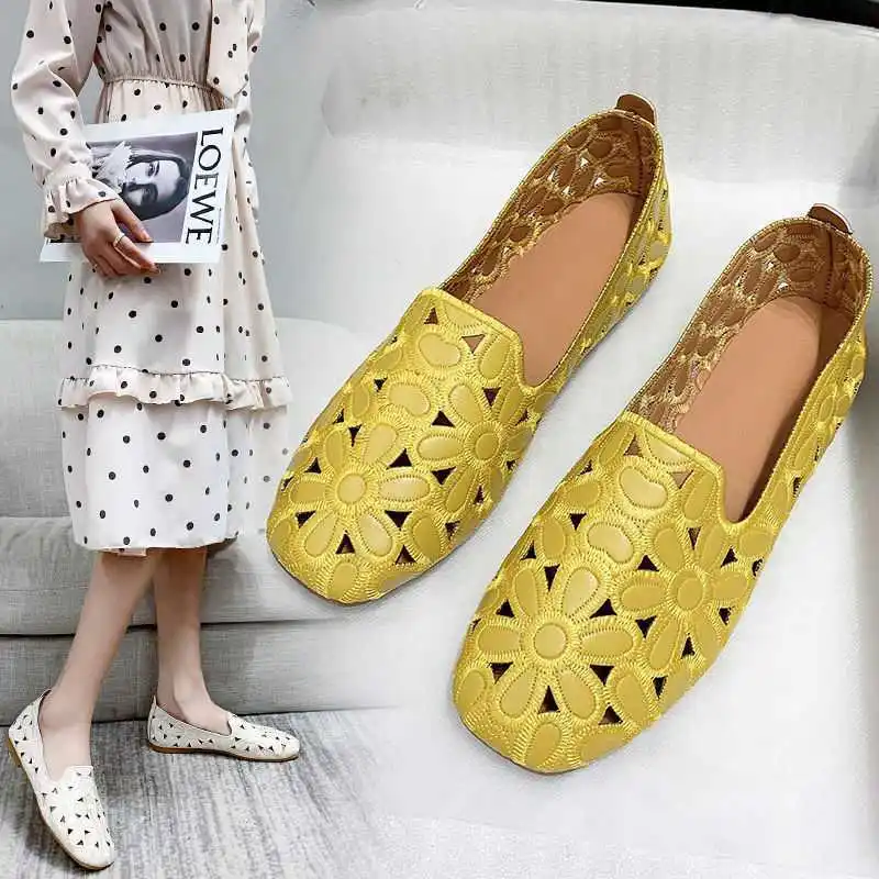 Comfort Loafers Ladies Cutouts Summer Leather Moccasins Women Casual Pointed Toe Shoes Mother Yellow Flats 2022 Spring New Flats