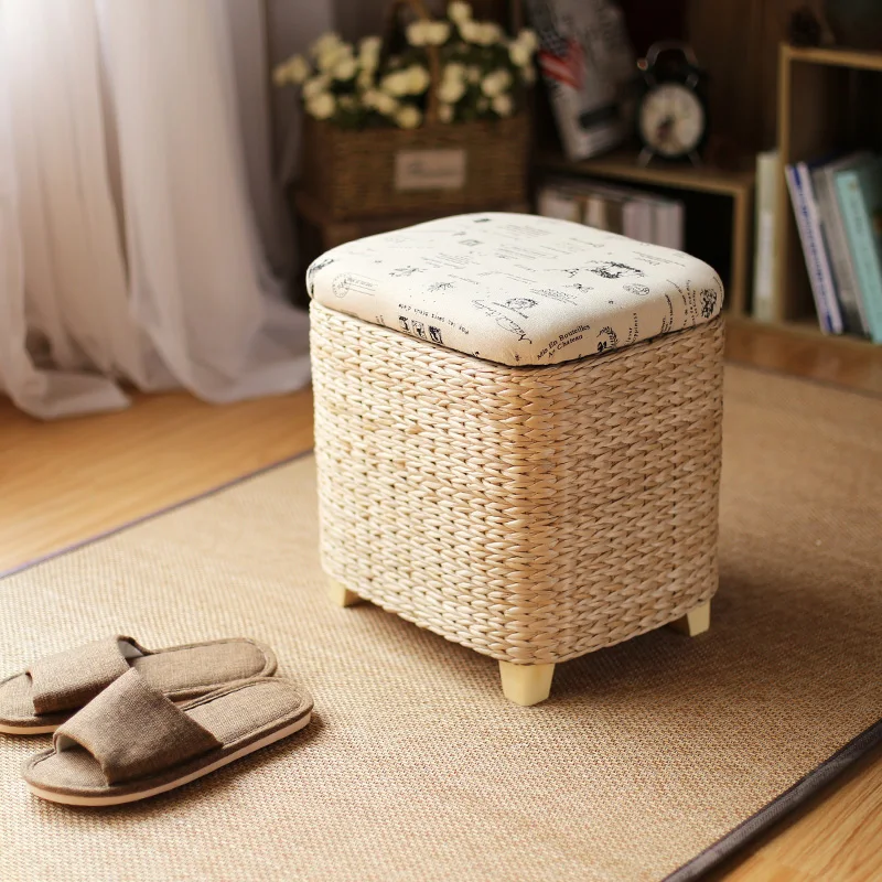 Storage Stool Rattan Wicker Ottoman Basket Shoe Cabinet Sofa Stool mall Shoe Store Footstool Multi-Function Storage Footrest