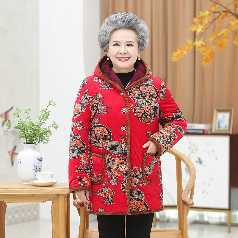 Middle-Aged Elderly Grandmother Cotton Padded Clothes Winter Coat Parkers Add Velvet Thicken Warm Women\'s Jackets  Overcoat 5XL