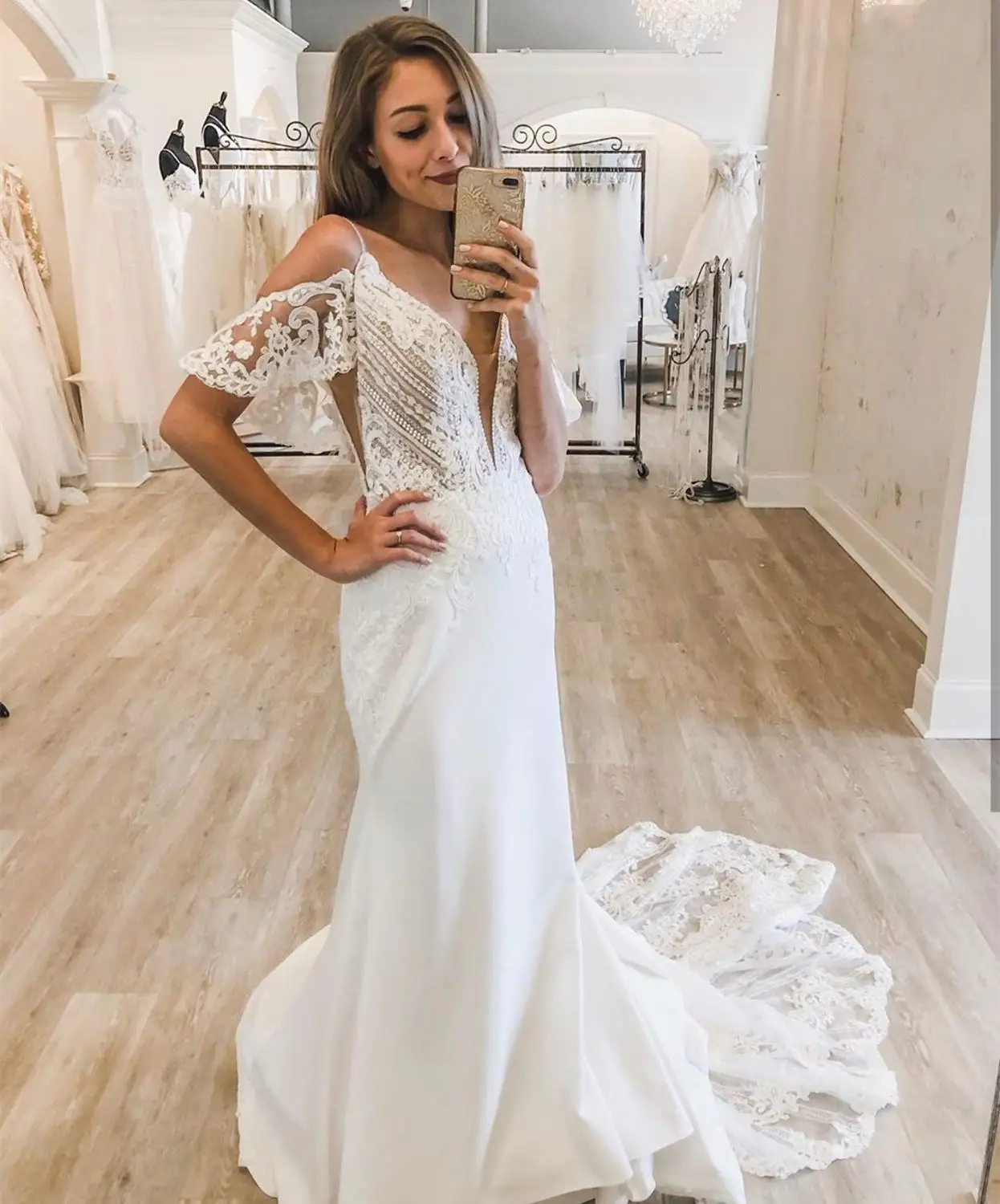 Vestido de casamento sexy sereia decote em v profundo com trem de varredura sem mangas cetim branco cinta de espaguete vestidos de noiva feitos sob encomenda