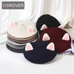 VISROVER New Cute Adult Cat Ear Wool Beret Solid Autumn Hat Winter Cap Spring Punk Beret Hat Rabbit Beret Wholesale Party Gift