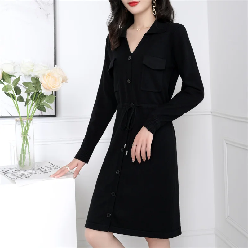 Long Knitted Dress Women Fashion Loose Lapel Waist Thin Sweater Dress Ladies 2023 New Spring Autumn Sweater Dresses Female