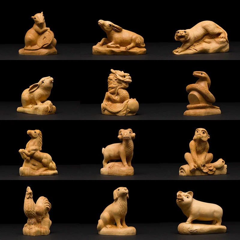 

Zodiac Mascot Wood Carving Collection, Decoration Statue, Rat, Cattle, Tiger, Rabbit, Dragon, Snake, Horse, Sheep, Monkey