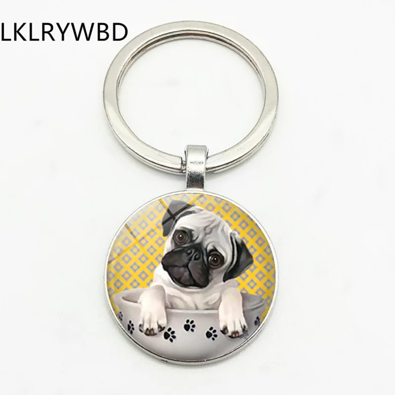 LKLRYWBD Cute Pug Tea Cup Dog Keychain Keyring Jewelry Pendant Convex Glass Keychain Friends Gift