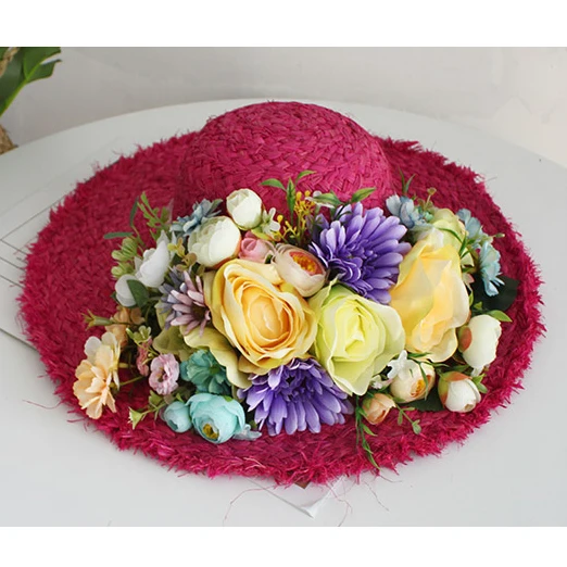 Bohemia Women Flower Beach Bag Summer Lace Rattan Handbag and Hat Suit Multicolor Artificial Flowers Weave Straw Casual Tote