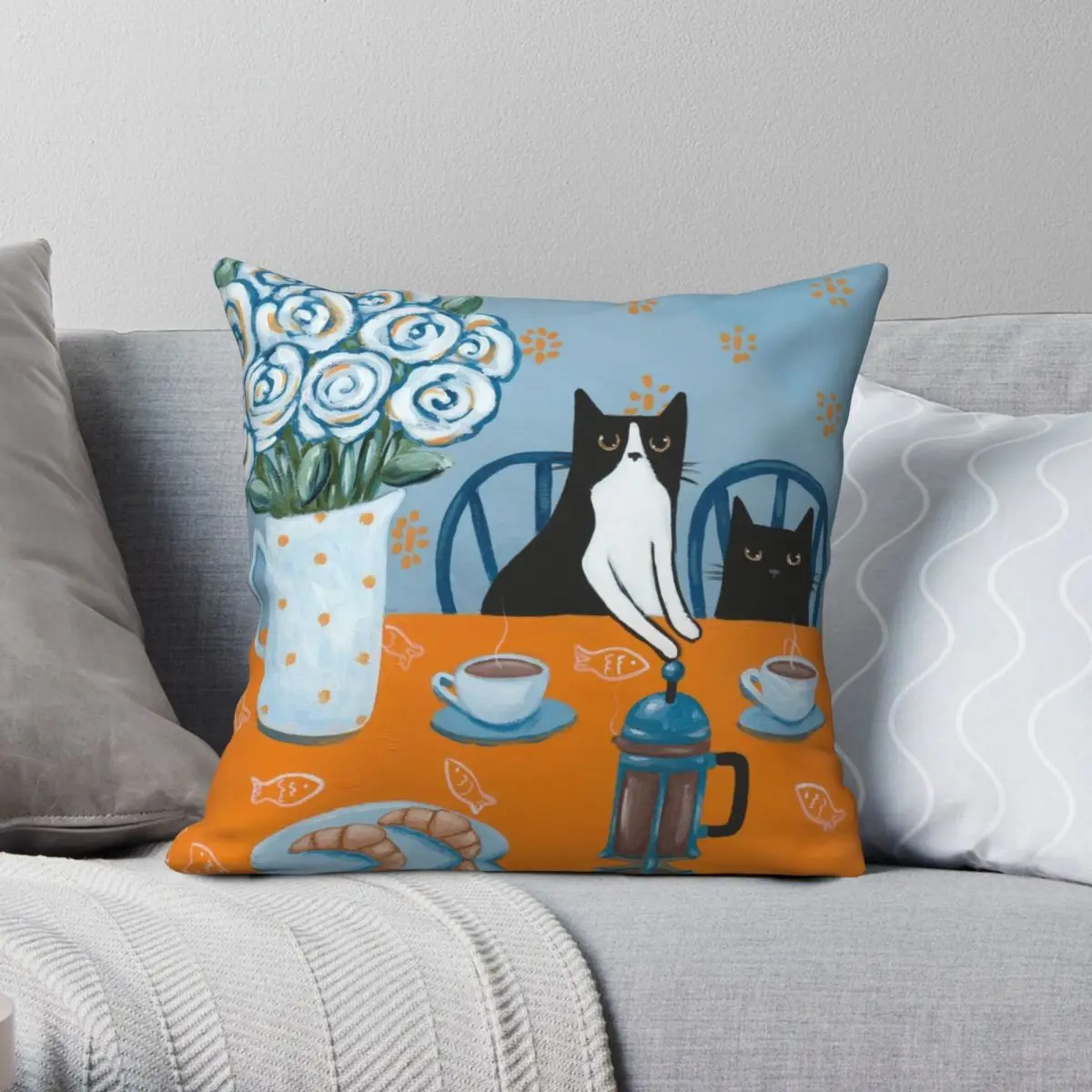 

French Press Coffee Cats Square Pillowcase Polyester Linen Velvet Printed Zip Decor Throw Pillow Case Sofa Seater Cushion Cover