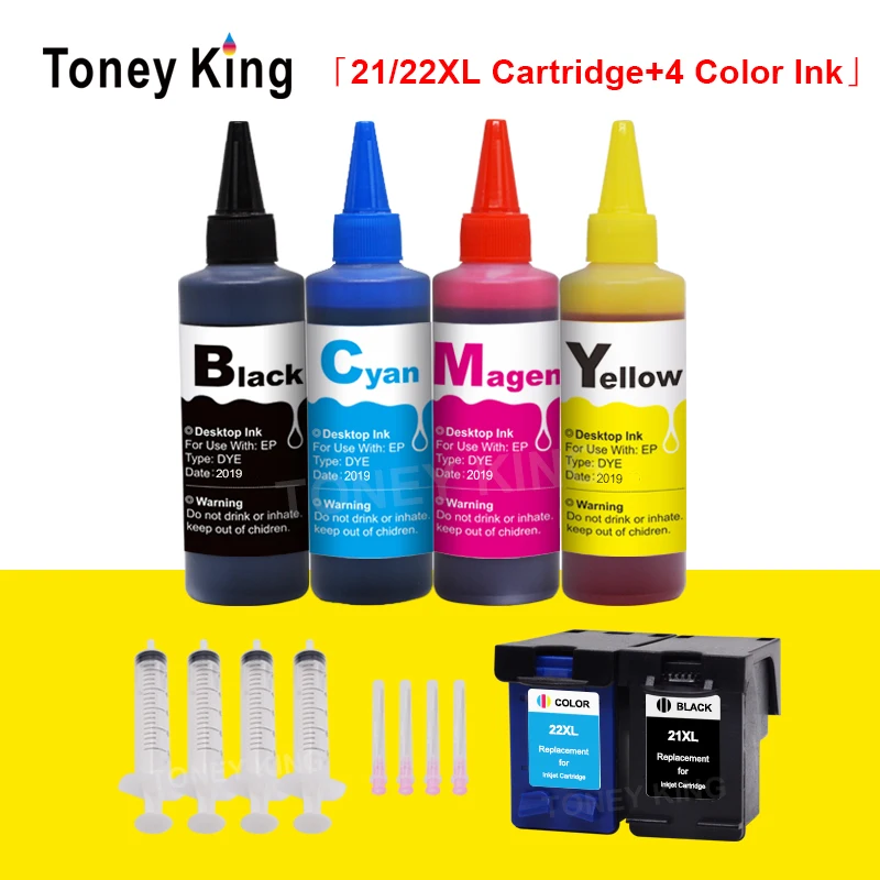 Toney King  ink cartridge Replacement For hp 21 HP21 for HP 21xl Deskjet F2180 F2280 F4180 F4100 Printer + 4 Colors Bottle Ink