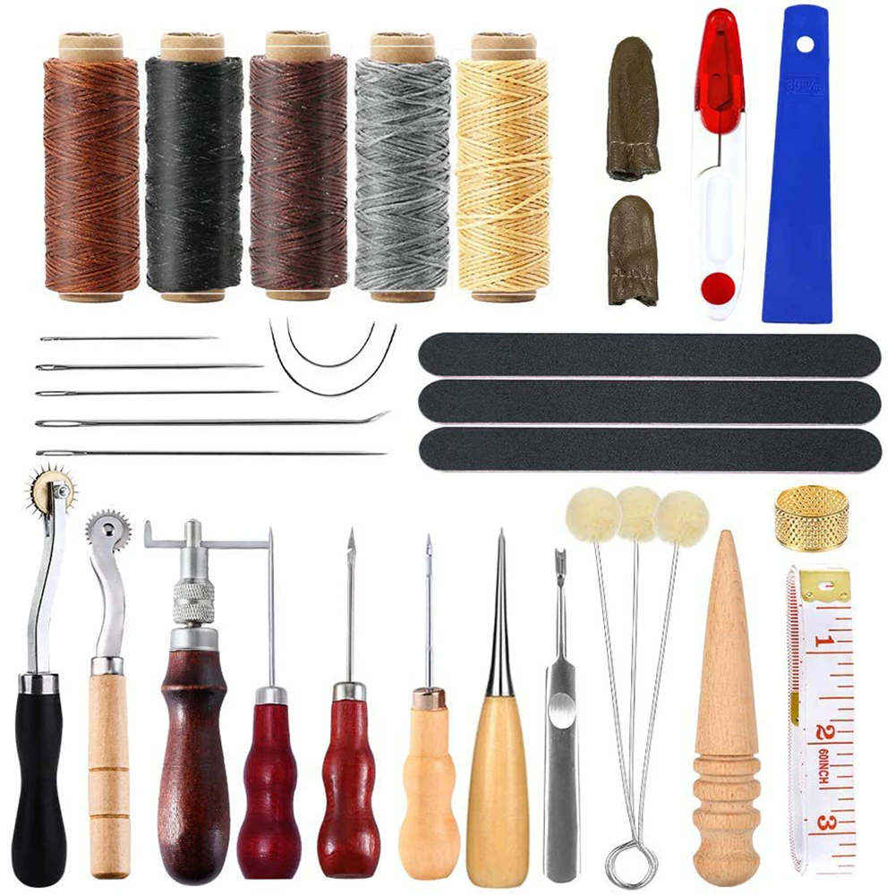 

33Pcs Leather Sewing Tools DIY Leather Craft Tools Hand Stitching Tool Set with Groover Awl Waxed Thread Thimble Leather Kit