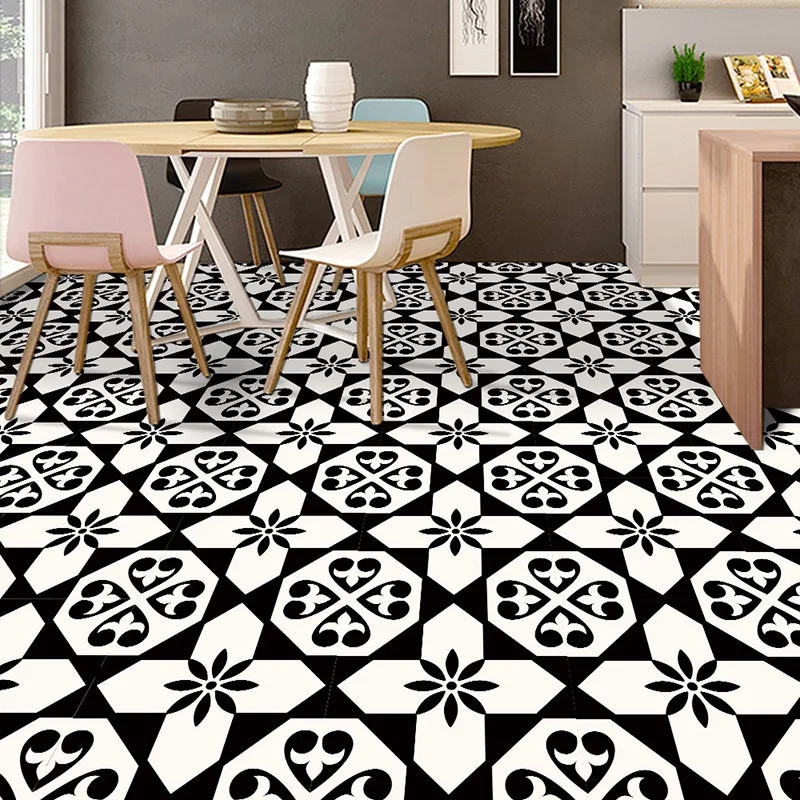 Classic European Black And White Tile Floor Stickers 3D Adhesive Kitchen Corridor Decoration Wallpaper Waterproof